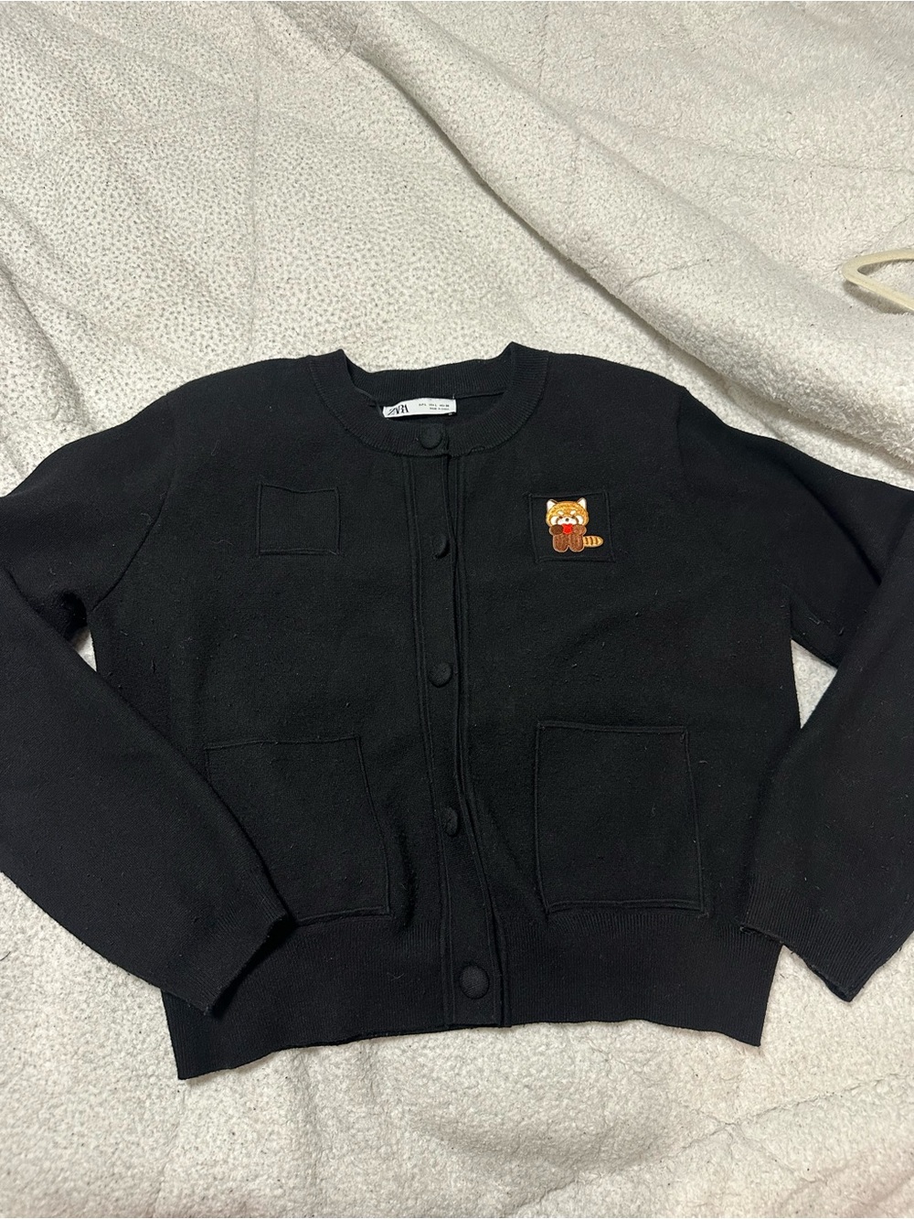Zara Black Button-Up Cardigan with Small Embroidered Animal Patch